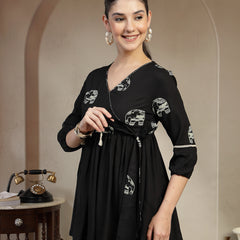 Gulmohar Jaipur Rayon Hip Length Printed 3/4 Sleeves V-Neck Flared Top