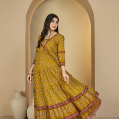 Gulmohar Jaipur Cotton Ankle Length Printed 3/4 Sleeves V-Neck Anarkali Kurta