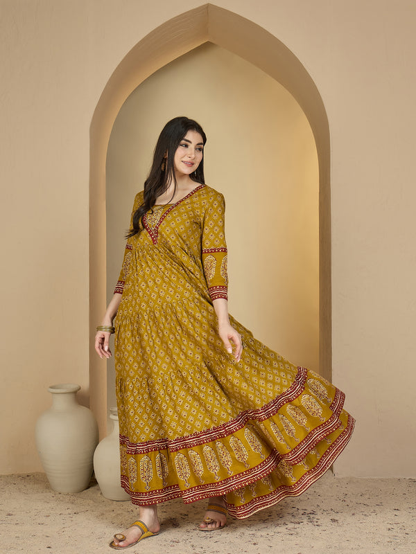 Gulmohar Jaipur Cotton Ankle Length Printed 3/4 Sleeves V-Neck Anarkali Kurta