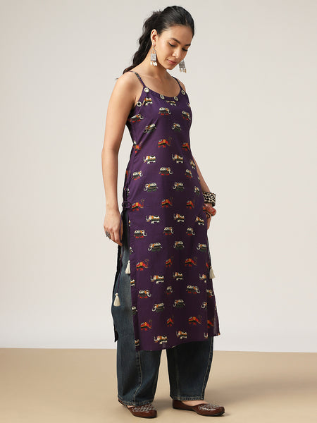 Rayon Calf Length Printed Sleeveless Strappy Straight Kurta