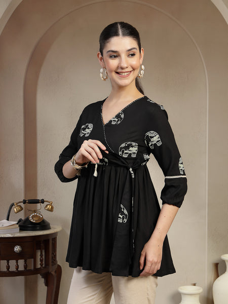 Gulmohar Jaipur Rayon Hip Length Printed 3/4 Sleeves V-Neck Flared Top