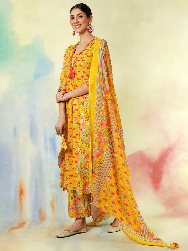 Black Pure Cotton Printed Embroidered Semi-Flared Kurta Suit Set