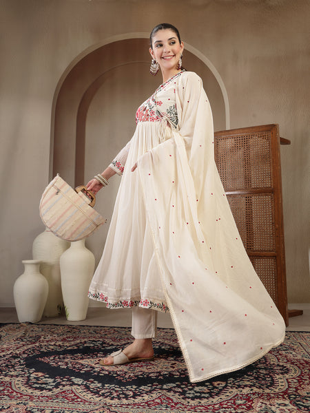 Gulmohar Jaipur Cotton Calf Length Solid Full Sleeves Anrakha Neck Flared Kurta Suit Set