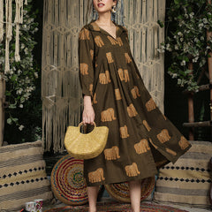 Gulmohar Jaipur Cotton Calf Length Printed Full Sleeve Shirt Collar Flared Dress