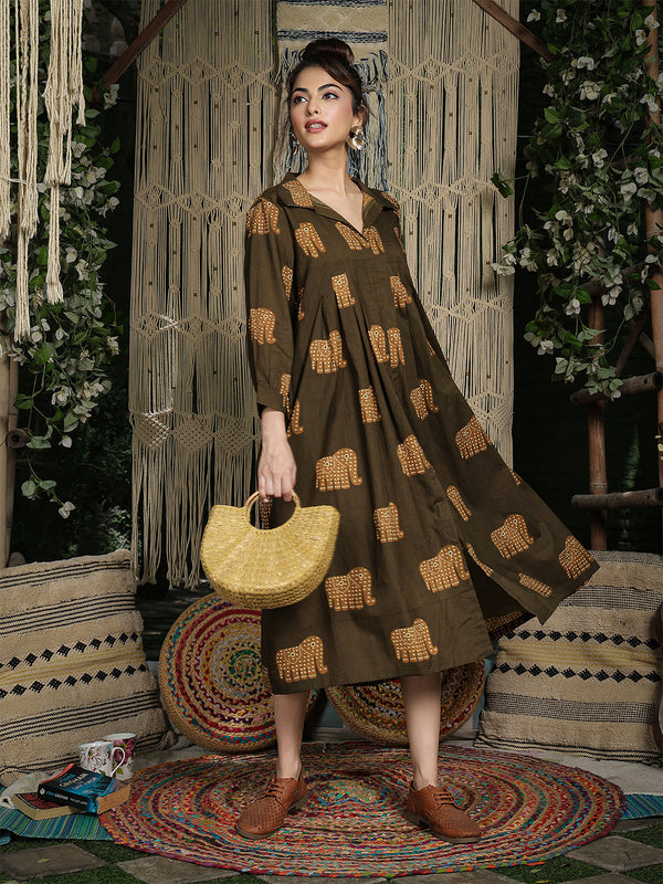 Gulmohar Jaipur Cotton Calf Length Printed Full Sleeve Shirt Collar Flared Dress