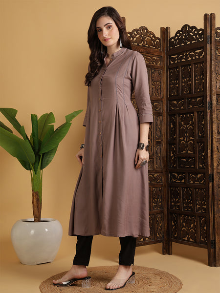 Light Brown Rayon Calf Length Solid A-Line Mandarin Neck Kurta