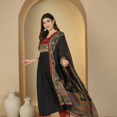 Gulmohar Jaipur Rayon Calf Length Solid 3/4 Sleeves V-Neck Flared Kurta Suit Set