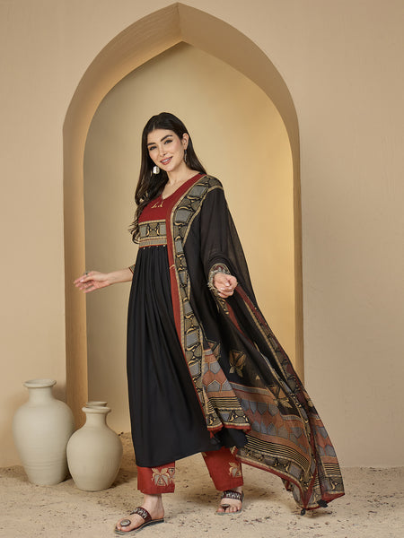 Gulmohar Jaipur Rayon Calf Length Solid 3/4 Sleeves V-Neck Flared Kurta Suit Set