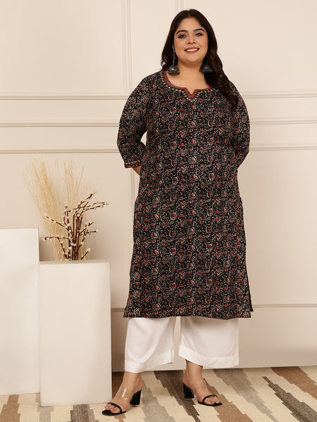 Cotton Calf Length Printed Straight 3/4 Sleeves Round Kurta Suit Set (Plus+)