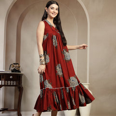 Gulmohar Jaipur Cotton Calf Length Printed Sleeveless Collard Neck Flared Kurta