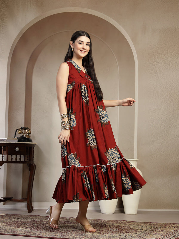 Gulmohar Jaipur Cotton Calf Length Printed Sleeveless Collard Neck Flared Kurta