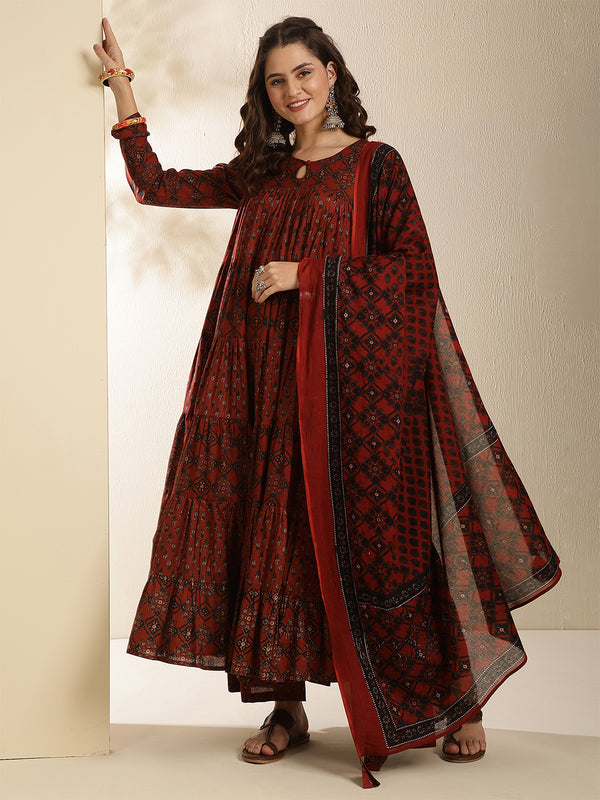 Maroon Pure Cotton Printed Keyhole Neck Anarkali Kurta Suit Set