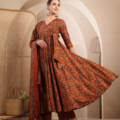 Gulmohar Jaipur Cotton Calf Length Printed 3/4 Sleeves V-Neck Anarkali Kurta Suit Set