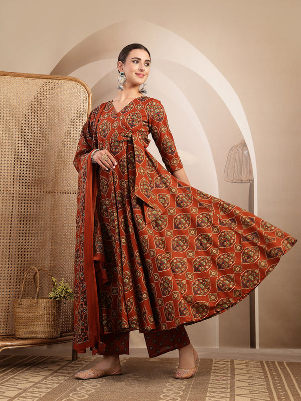 Gulmohar Jaipur Cotton Calf Length Printed 3/4 Sleeves V-Neck Anarkali Kurta Suit Set