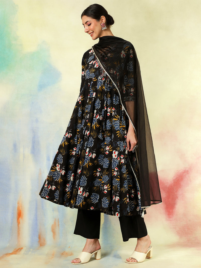 Black Pure Cotton Printed hand-Work Anarkali Kurta Suit Set