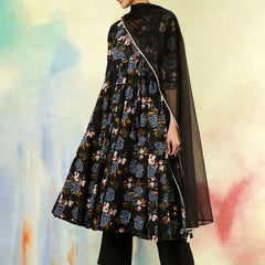 Black Pure Cotton Printed hand-Work Anarkali Kurta Suit Set