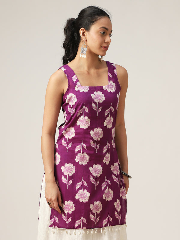 Cotton Hip Length Printed Sleeveless Square Neck Straight Top