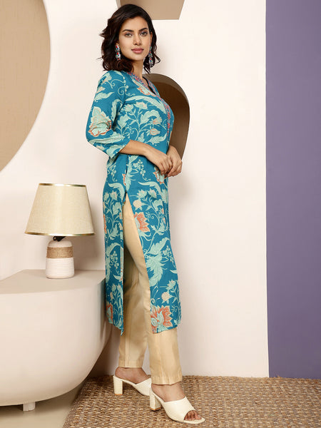 Blue Rayon Calf Length Printed V-Neck Straight Kurta