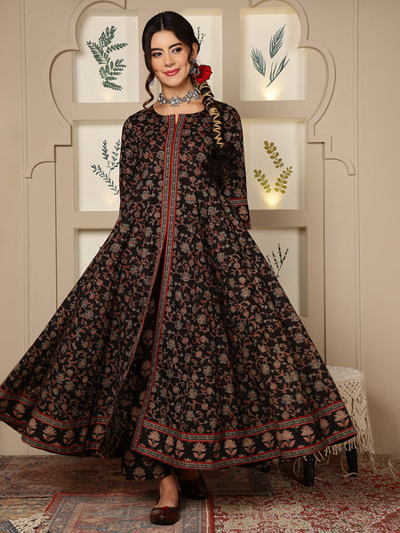 Black Cotton Calf Length Printed Round Anarkali Neck Kurta Suit Set