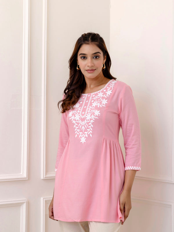 Light Pink Rayon Hip Length Solid Round Neck Solid Embroidered Straight Top
