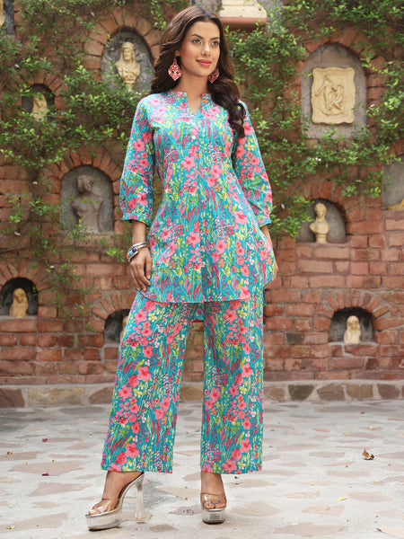 Blue Cotton Hip Length Printed Straight Mandarin Neck Top Palazzo Set