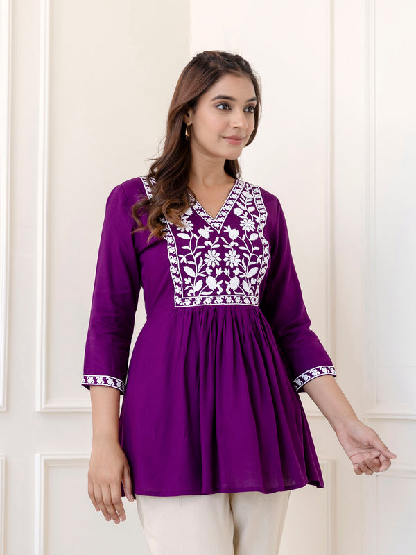 Purple Rayon Hip Length Solid V-Neck Solid Embroidered Semi-Flared Top