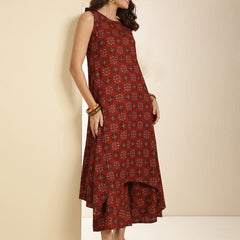Maroon Rayon Printed Sleeveless Round Neck Asymmetrical Kurta Bottom Set