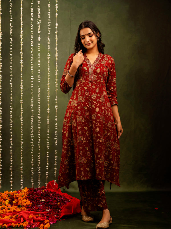 Maroon Cotton Calf Length Printed A-Line V-Neck Kurta Palazzo Set