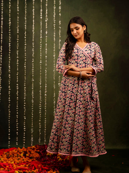 Navy Blue Cotton Calf Length Printed Flared Angrakha Kurta