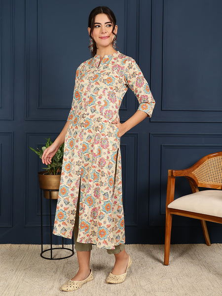 Blue Cotton Flex Calf Length Printed Mandarin Coller A-Line Kurta