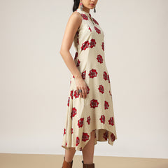 Rayon Calf Length Printed Sleeveless Round Neck Asymmetrical Dress