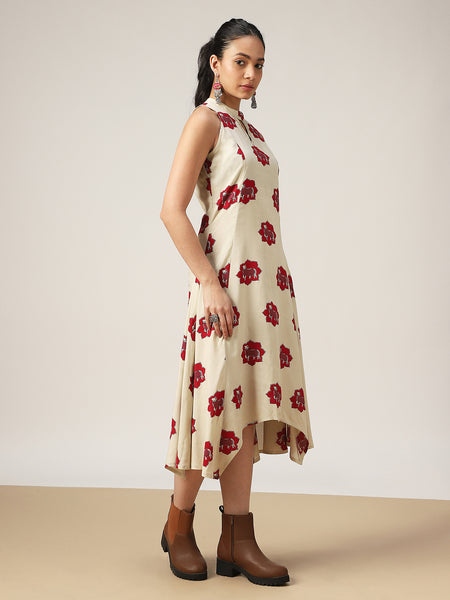 Rayon Calf Length Printed Sleeveless Round Neck Asymmetrical Dress