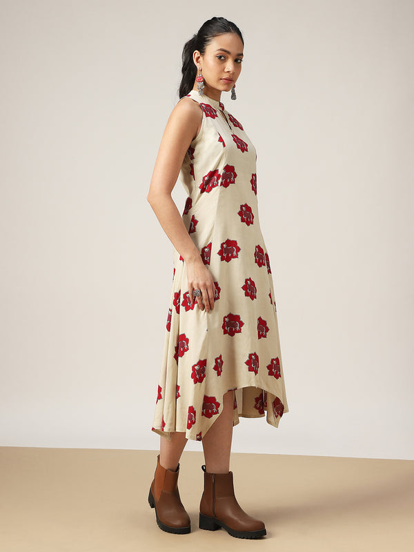 Rayon Calf Length Printed Sleeveless Round Neck Asymmetrical Dress