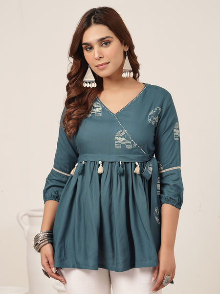 Rayon Hip Length Printed 3/4 Sleeve V-Neck Flared Top