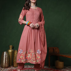 Peach Rayon Calf Length Solid 3/4 Sleeves Round Neck Semi-Flared Kurta Suit Set