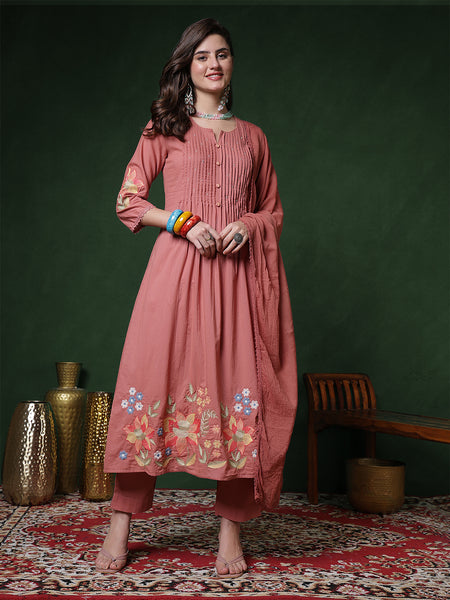 Peach Rayon Calf Length Solid 3/4 Sleeves Round Neck Semi-Flared Kurta Suit Set