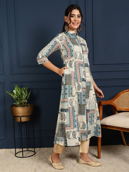 Blue Cotton Flex Calf Length Printed Mandarin Coller A-Line Kurta