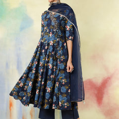 Black Pure Cotton Printed hand-Work Anarkali Kurta Suit Set