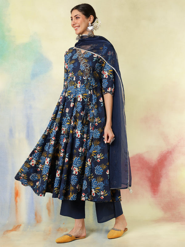 Black Pure Cotton Printed hand-Work Anarkali Kurta Suit Set