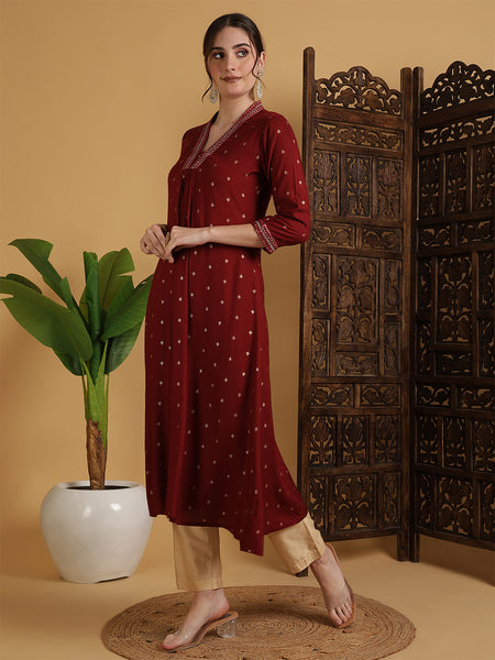 Maroon Rayon Calf Length Solid Semi-Flared V-Neck Kurta