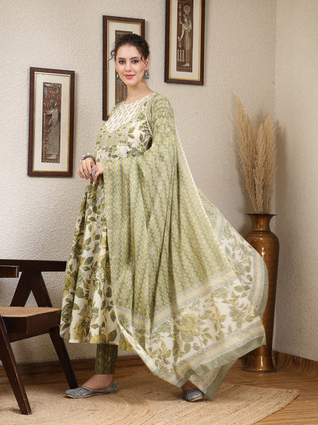 Olive Cotton Calf Length Printed Round Neck Anarkali Kurta Suit Set