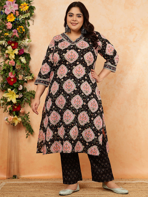 Cotton  Calf Length Printed Straight 3/4 Sleeves V-Neck Kurta Suit Set