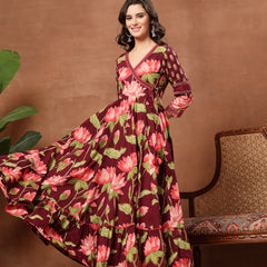 Cotton Ankle Length Printed 3/4 Sleeves V-Neck Flared Kurta