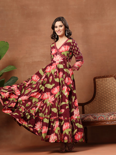 Cotton Ankle Length Printed 3/4 Sleeves V-Neck Flared Kurta