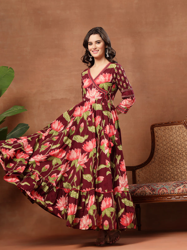 Cotton Ankle Length Printed 3/4 Sleeves V-Neck Flared Kurta