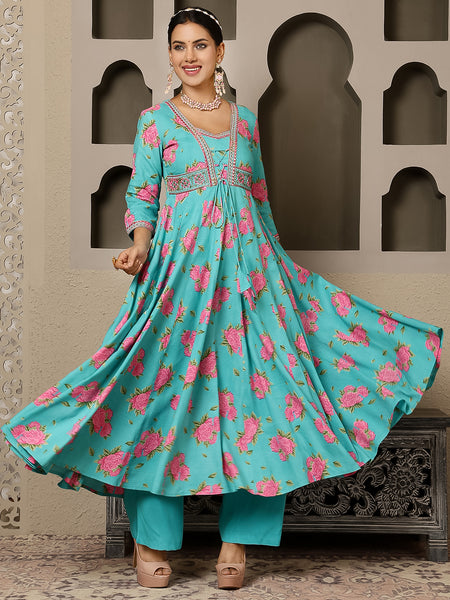 Rama Rayon Calf Length Printed V-Neck Anarkali Kurta Suit Set