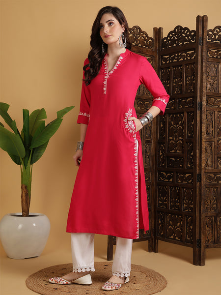 Coral Rayon Embroidered Calf Length Solid Straight V-Neck Kurta