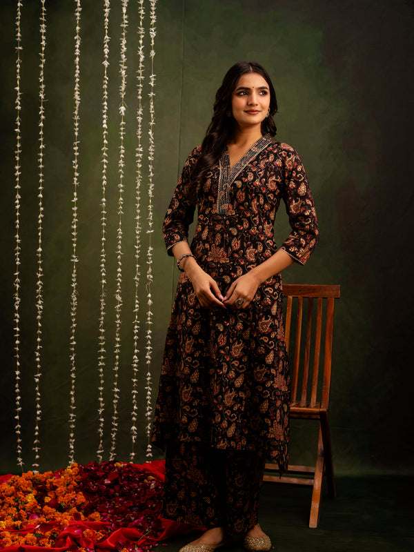 Black Cotton Calf Length Printed A-Line V-Neck Kurta Palazzo Set