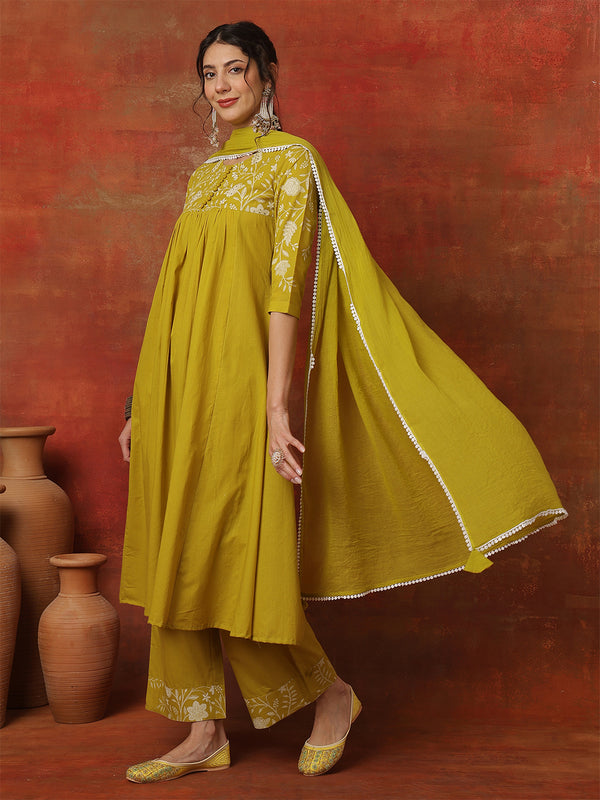 Lime Rayon Solid Hand-Work Round Neck Semi-Flared Kurta Suit Set