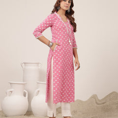 Cotton Calf Length Printed 3/4 Sleeve V-Neck Straight Kurta